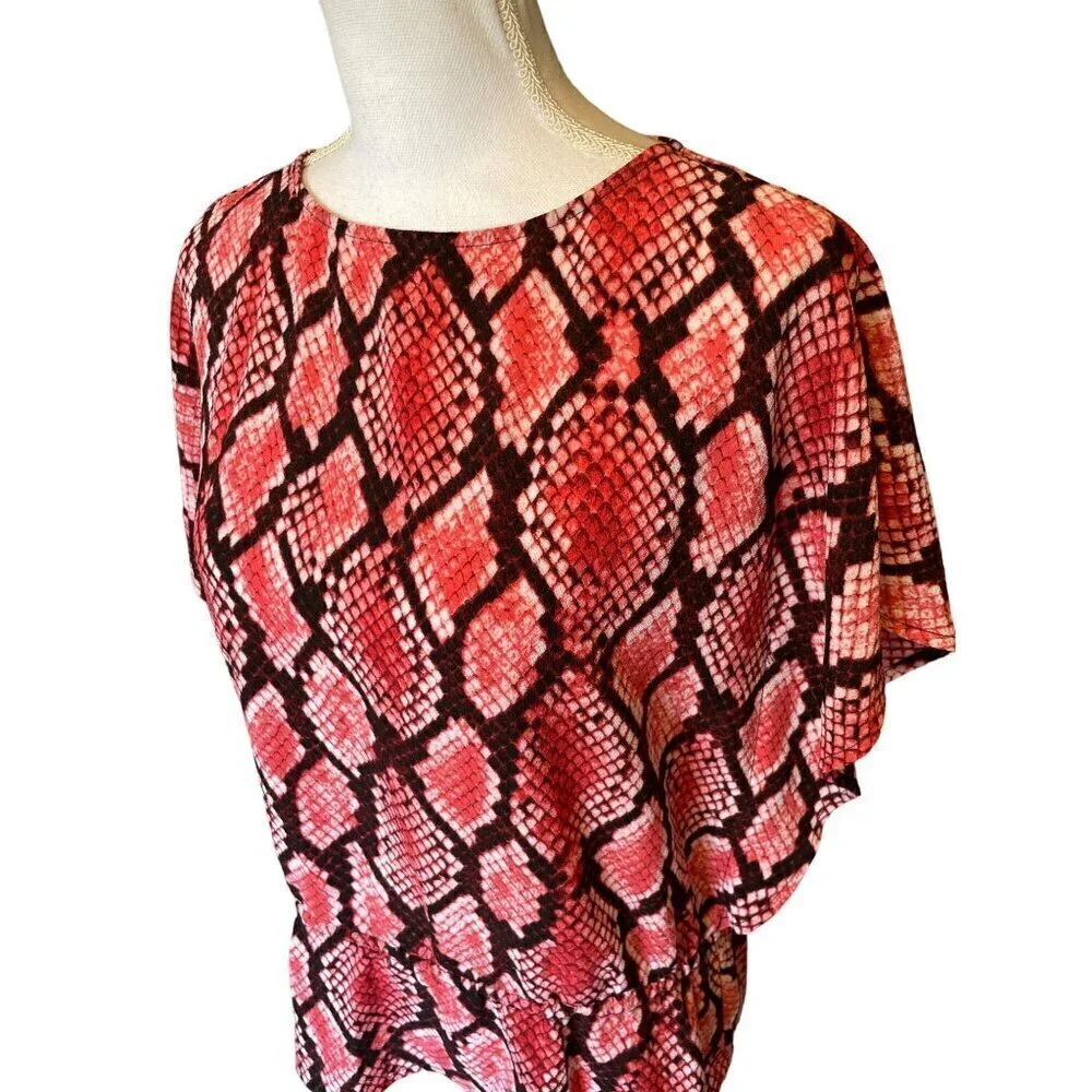 Michael Kors Top S Red Black Snake Print Shirt Blouse Flutter Sleeve Drawstring